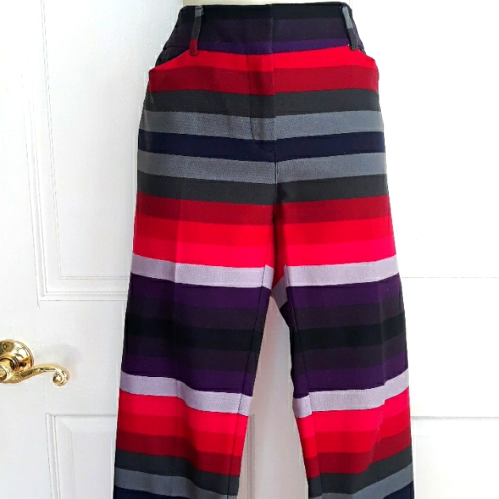 NYC&Co cotton stretch pants in black, gray, red and purple stripes
